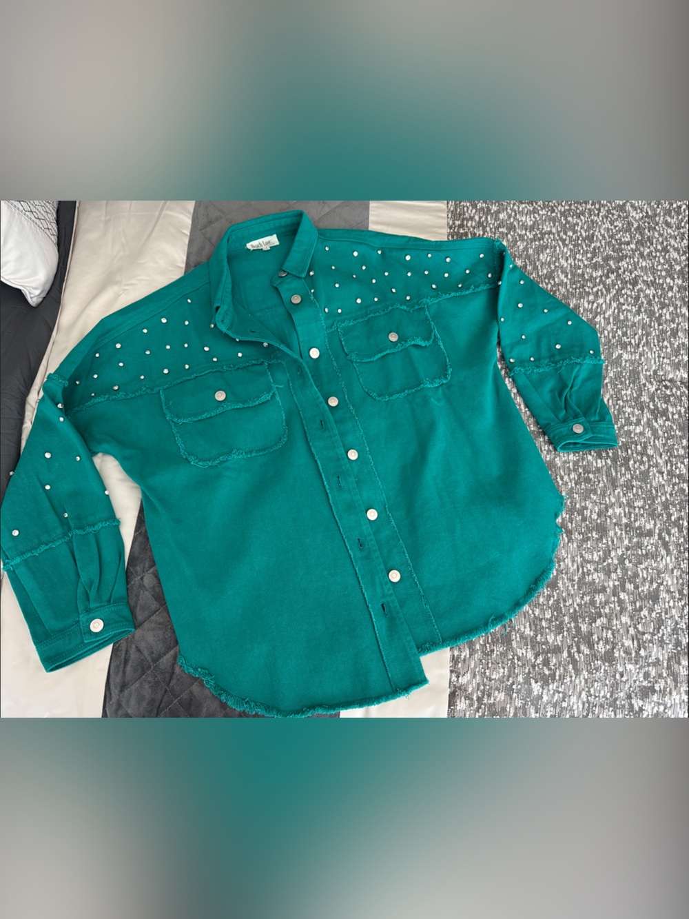 Peach Love California Teal Studded Jean Jacket